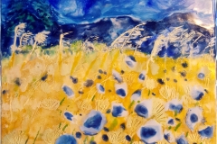 Encaustic Blue Cornflowers in Gold Field